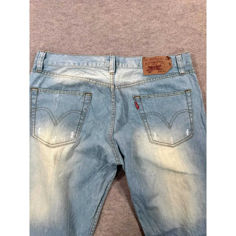 Levi's 501 Jeans Mens 36x34 Light Blue Denim Distressed Straight Leg Button Fly